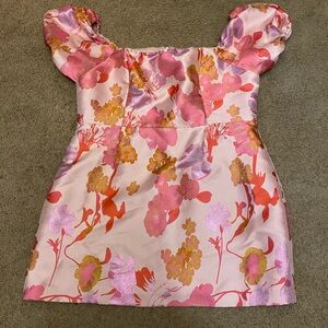 Lulus So Stunning Pink & Orange Multi Floral Jacquard Puff Sleeve Mini Dress XXL